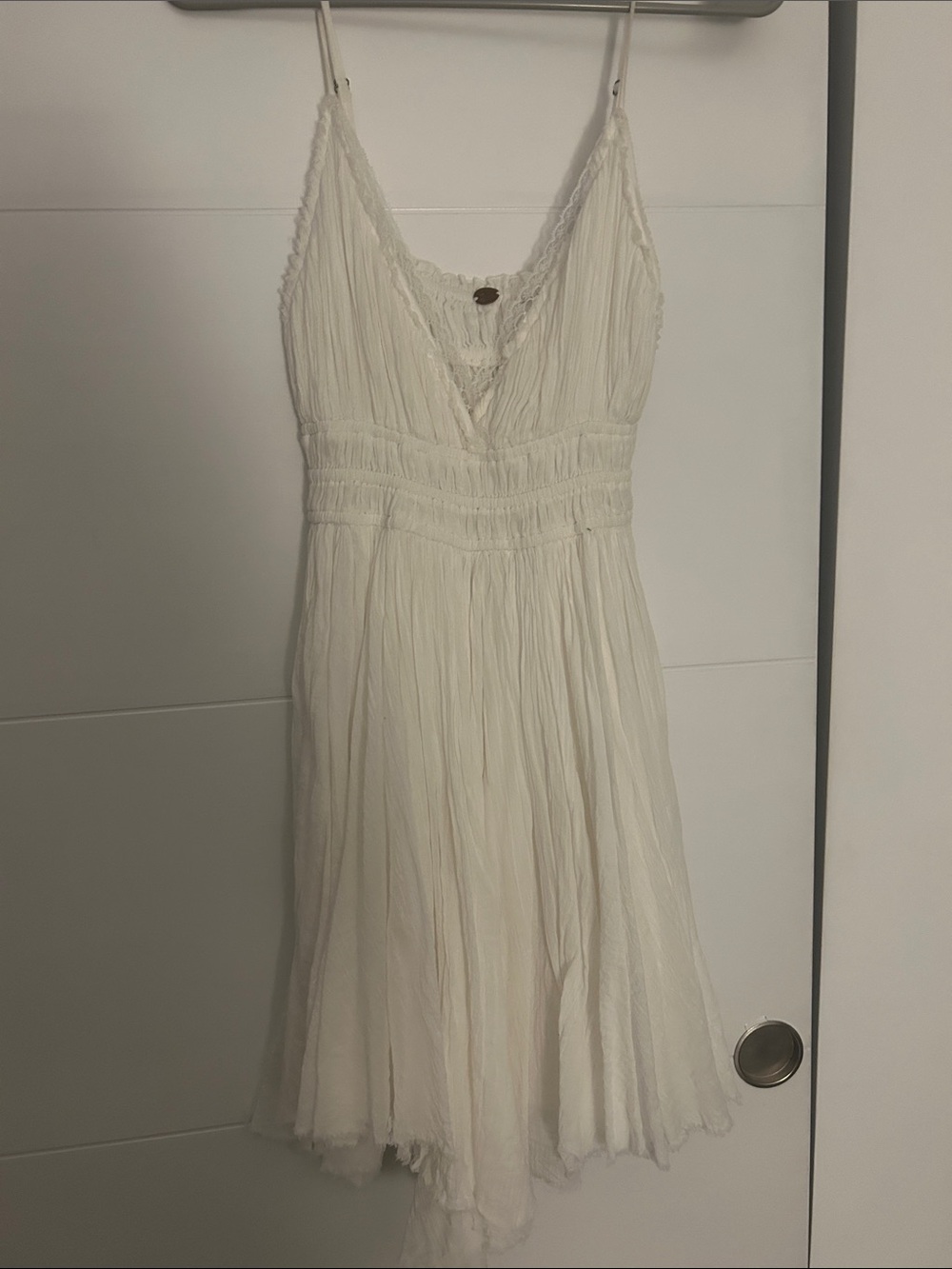 Spaghetti Strap White V-Neck Mini Dress with Lace Trim